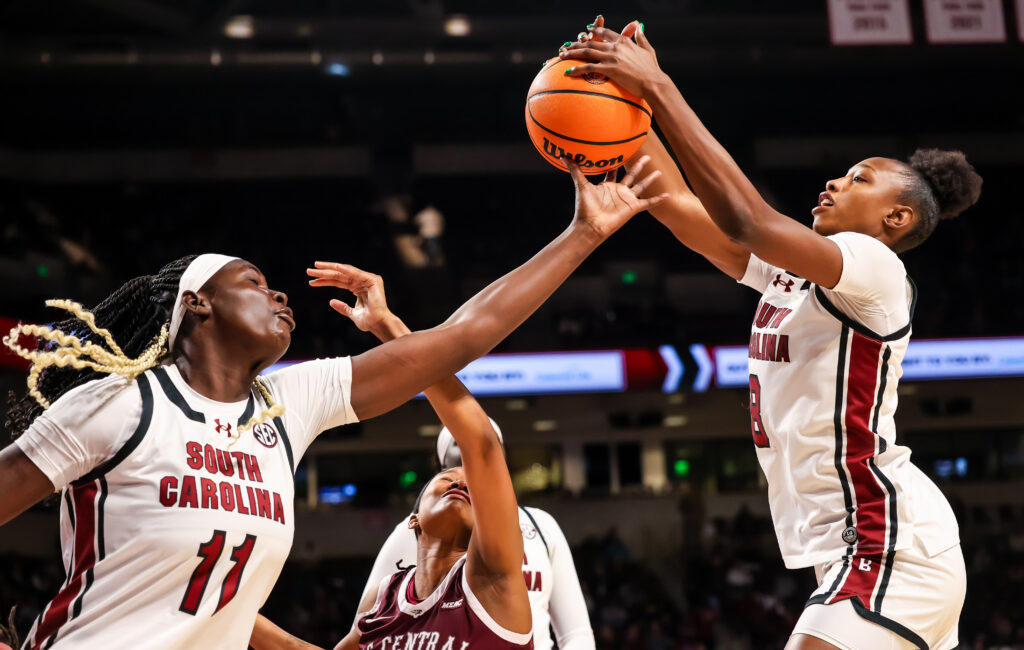 South Carolina Gamecocks center Madina Okot and forward Joyce Edwards 