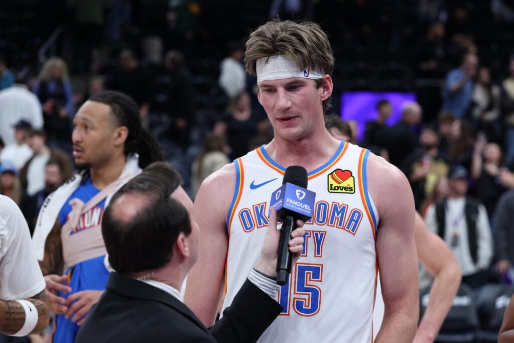 Oklahoma City Thunder center Branden Carlson (15) is interviewed after the game against the Utah Jazz at Delta Center.