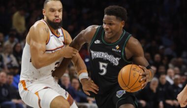 Dec 8, 2025; Minneapolis, Minnesota, USA; Minnesota Timberwolves guard Anthony Edwards (5) works around Phoenix Suns forward Dillon Brooks (3) in the third quarter at Target Center. Mandatory Credit: Bruce Kluckhohn-Imagn Images