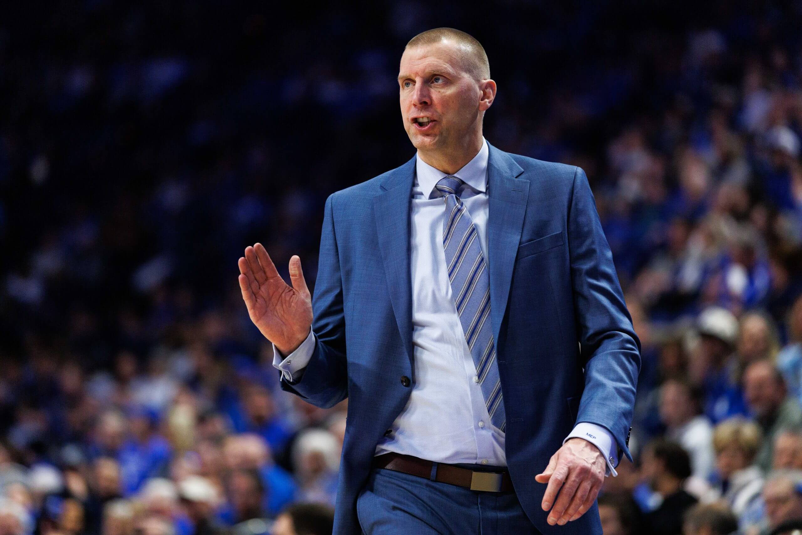 Kentucky head coach Mark Pope gestures from the sideline.