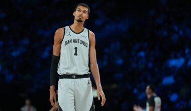 Spurs superstar Victor Wembanyama walks in a meeting with the Thunder during the 2025-26 NBA season.