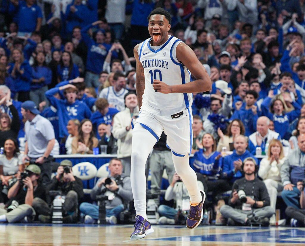 Kentucky Wildcats forward Brandon Garrison (10) celebrates after a slam dunk with his tongue out in the second half as the Cats beat the Hoosiers 72-60 during college basketball at Rupp Arena in Lexington, Kentucky December 13, 2025 - © Matt Stone/Courier Journal / USA TODAY NETWORK via Imagn Images