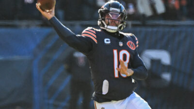 Dec 14, 2025; Chicago, Illinois, USA; Chicago Bears quarterback Caleb Williams (18) throws a pass during the first quarter against the Cleveland Browns at Soldier Field.