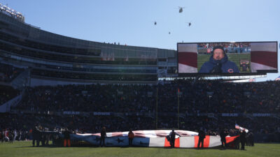Dec 14, 2025; Chicago, Illinois, USA; Helicopter are seen during a flyover during the national anthem prior to the game between the Cleveland Browns and the Chicago Bears at Soldier Field.