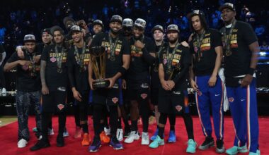 The New York Knicks pose for a photograph after winning the Emirates NBA Cup Final at T-Mobile Arena.