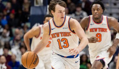 Dec 29, 2025; New Orleans, Louisiana, USA; New York Knicks guard Tyler Kolek (13) brings the ball up court against the New Orleans Pelicans during the first half at Smoothie King Center. Mandatory Credit: Stephen Lew-Imagn Images
