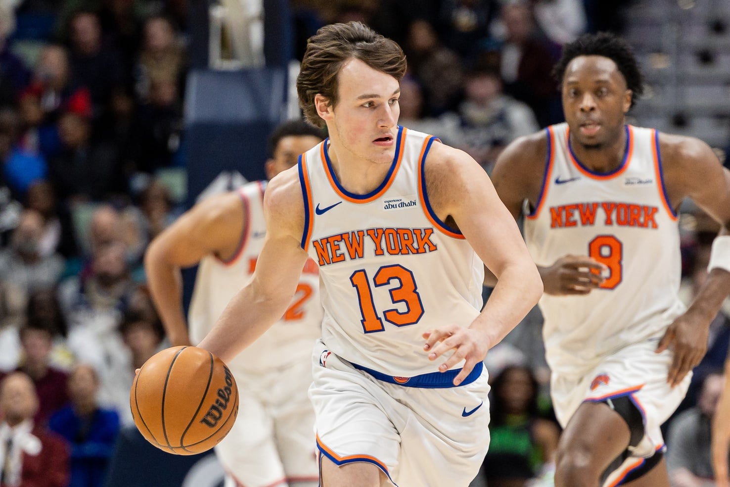 Dec 29, 2025; New Orleans, Louisiana, USA; New York Knicks guard Tyler Kolek (13) brings the ball up court against the New Orleans Pelicans during the first half at Smoothie King Center. Mandatory Credit: Stephen Lew-Imagn Images
