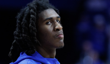 Oct 4, 2025; Spokane, WA, USA; Gonzaga Bulldogs forward Graham Ike (15) and Gonzaga Bulldogs forward Braden Huff (34) meet at center court during Numerica Kraziness in the Kennel at the McCarthey Athletic Center. Mandatory Credit: James Snook-Imagn Images