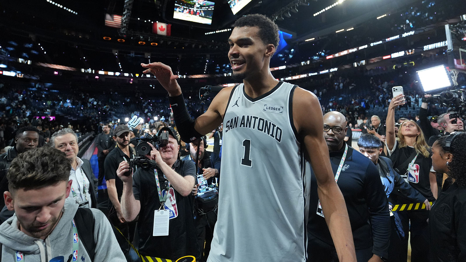 San Antonio Spurs guard Stephon Castle (5) celebrates after the game against the Oklahoma City Thunder at T-Mobile Arena.