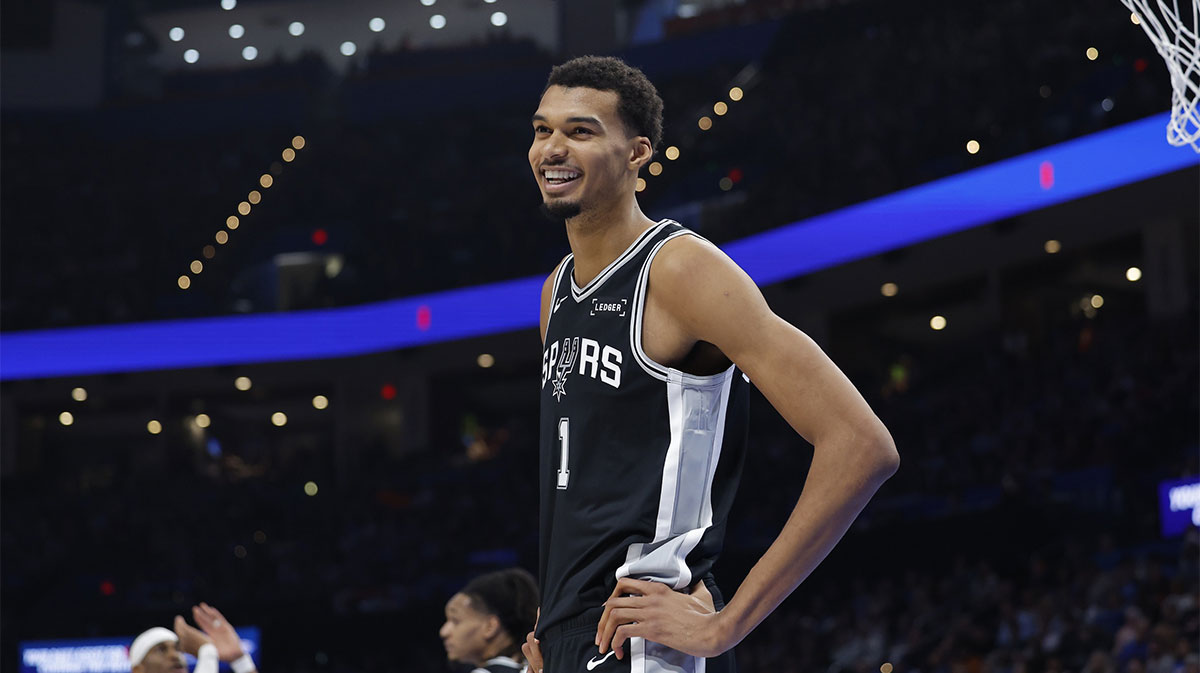 San Antonio Spurs forward Victor Wembanyama (1) smiles after a play against the Oklahoma City Thunder during the second half at Paycom Center. 
