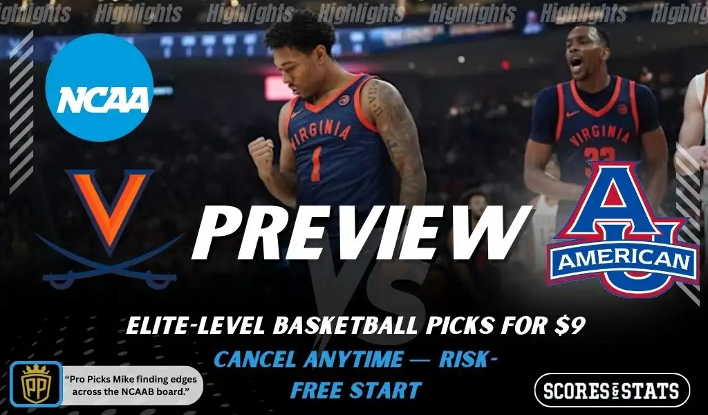 Virginia Cavaliers vs American University Eagles NCAA basketball preview graphic showing Virginia players with Cavaliers and American logos and Scores and Stats branding