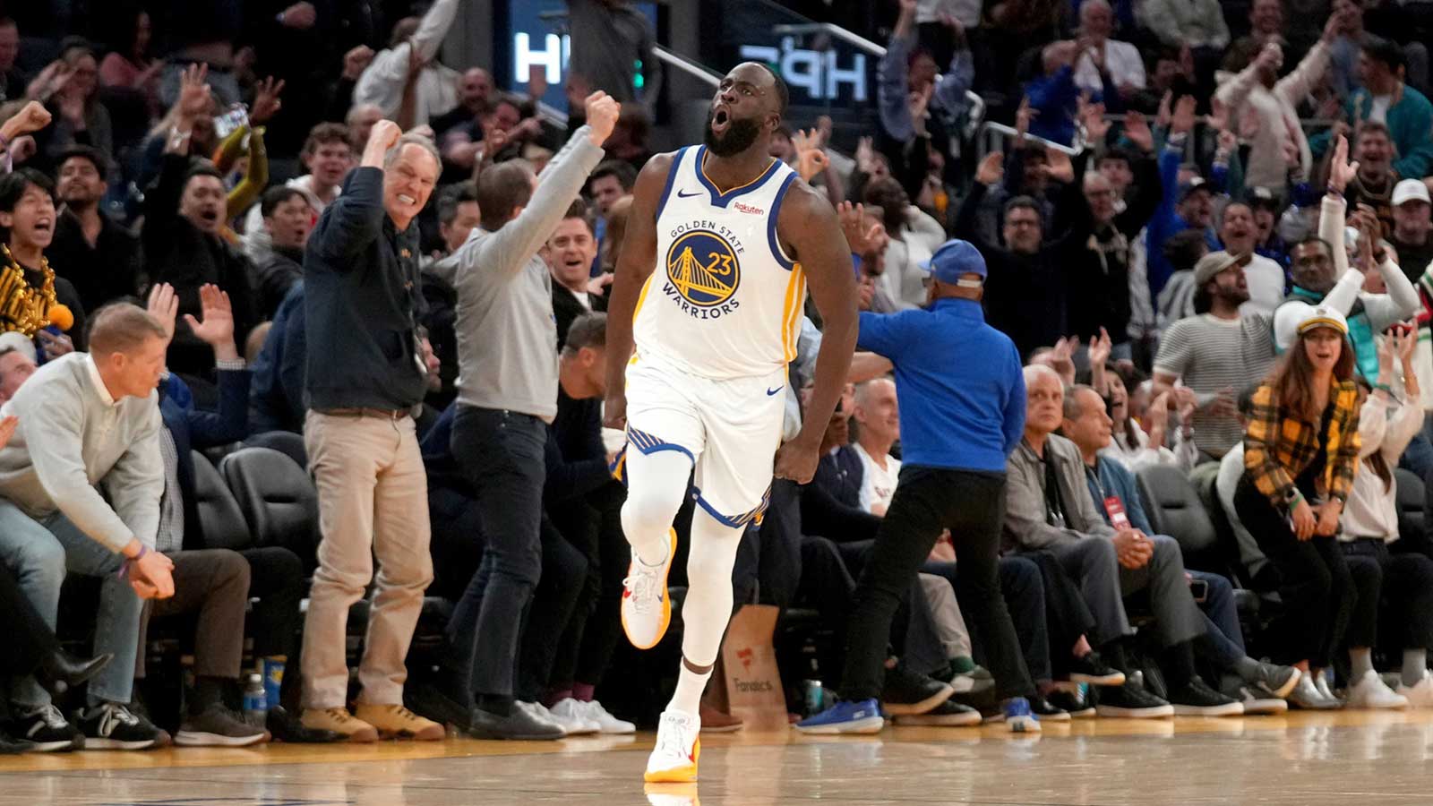 Golden State Warriors forward Draymond Green (23) reacts after making a three point basket against the Oklahoma City Thunder in the fourth quarter at the Chase Center.
