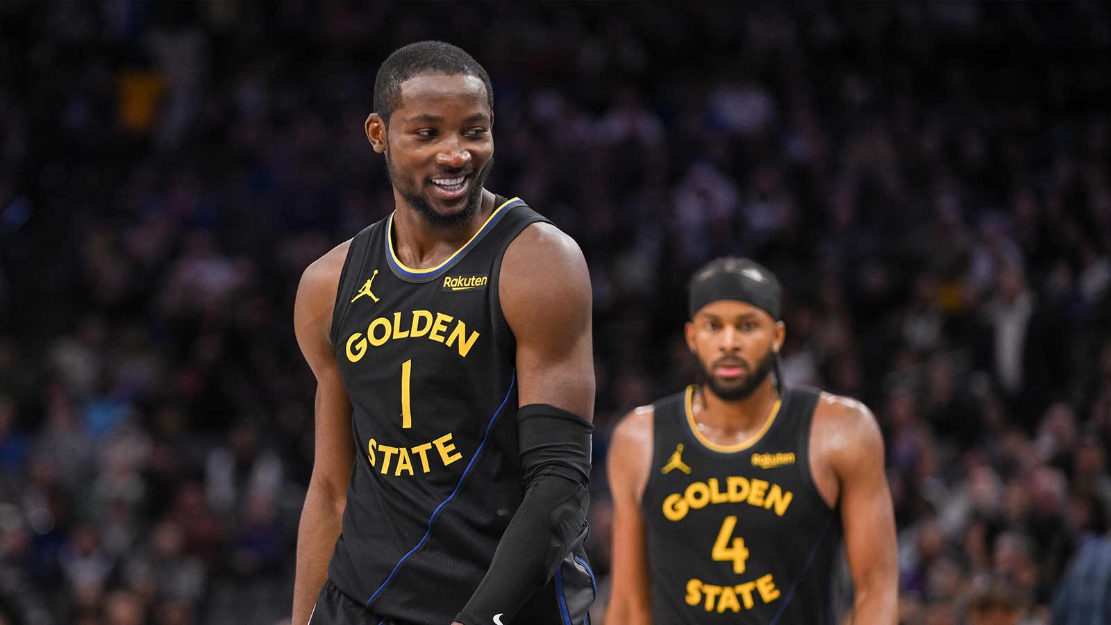 Golden State Warriors forward Jonathan Kuminga (1) reacts after being called for a foul against the Sacramento Kings during the fourth quarter at Golden 1 Center.