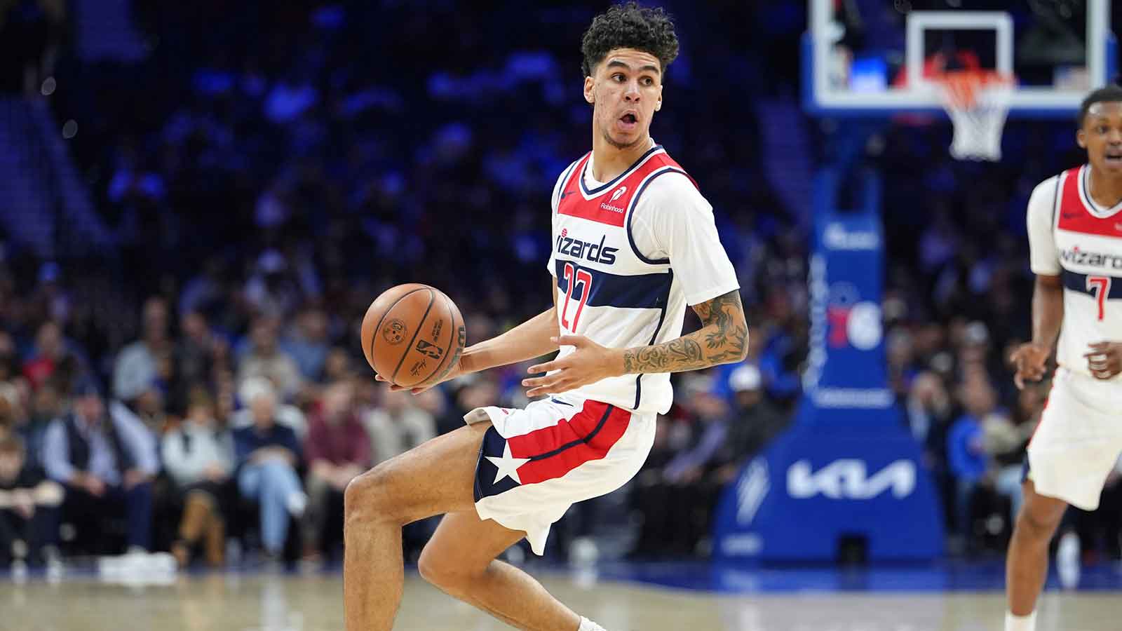Washington Wizards guard Will Riley (27) controls the ball against the Philadelphia 76ers in the second quarter at Xfinity Mobile Arena.