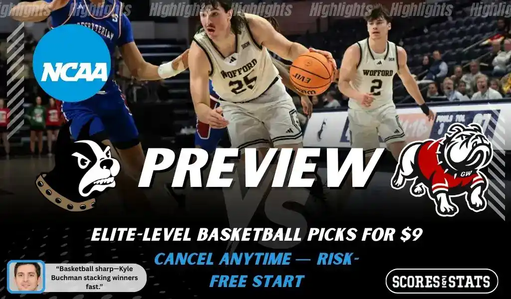 Wofford Terriers vs Gardner Webb Runnin Bulldogs NCAA basketball game preview image with players in action and team logos shown