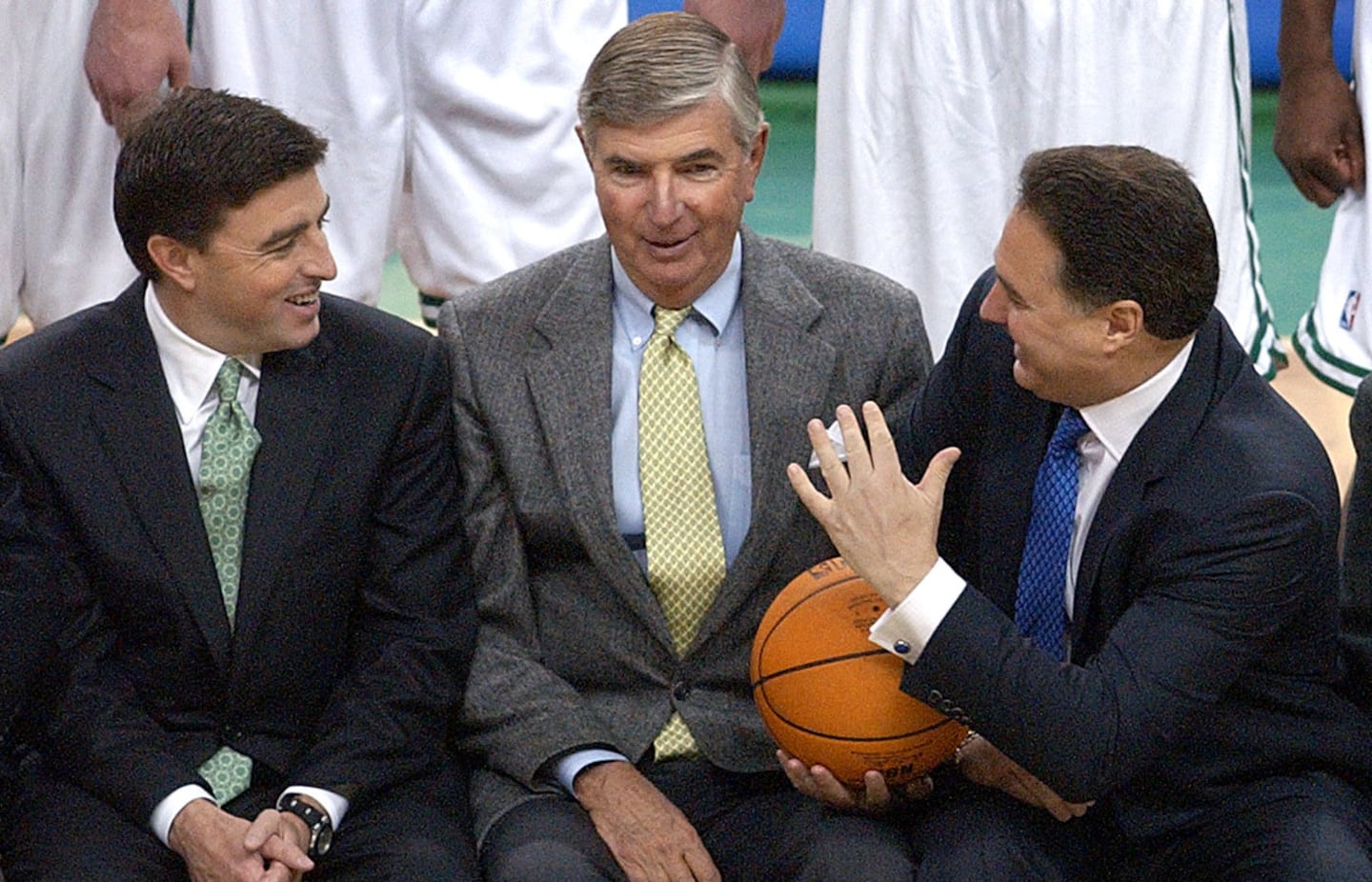 Wyc Grousbeck (left), his father Irv, and Steve Pagliuca in 2003. Ten days after the Celtics won the NBA title in 2024, the Grousbeck family announced the team would be sold.