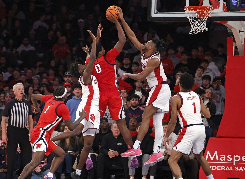 Zuby Ejiofor rejects Malik Dia's shot for one of his eight blocks during St. John's 63-58 win over Ole Miss on Dec. 6, 2025 at the Garden.