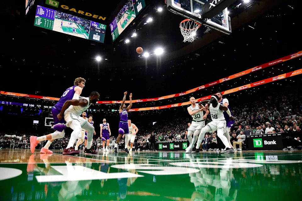 Nov 3, 2025; Boston, Massachusetts, USA; Utah Jazz guard Keyonte George (3) shoots a free throw during the second half against the Boston Celtics at TD Garden. Mandatory Credit: Bob DeChiara-Imagn Images