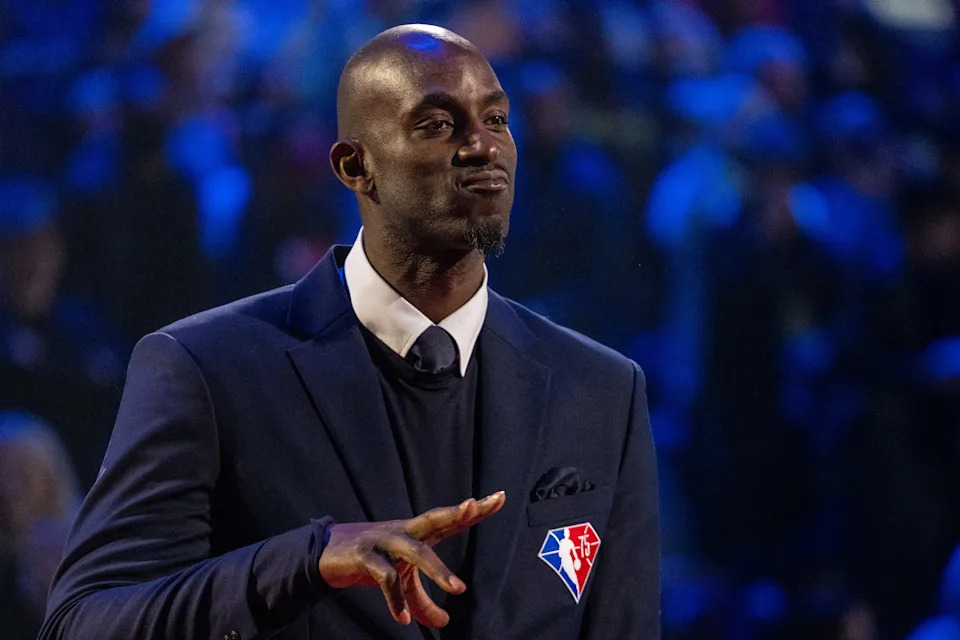 NBA great Kevin Garnett is honored for being selected to the NBA 75th Anniversary Team during halftime in the 2022 NBA All-Star Game at Rocket Mortgage FieldHouse.