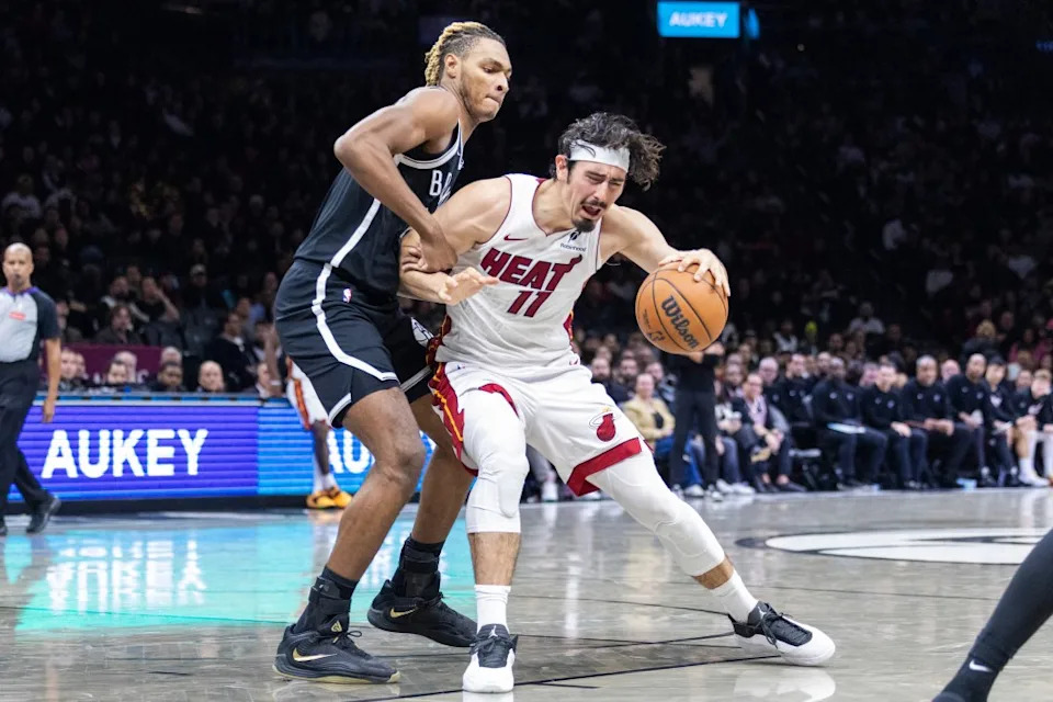 Noah Clowney of the Brooklyn Nets defends against Jaime Jaquez Jr. of the Miami Heat during the second half at Barclays Center, Thursday, Dec. 18, 2025, in Brooklyn, NY. Corey Sipkin for the NY POST