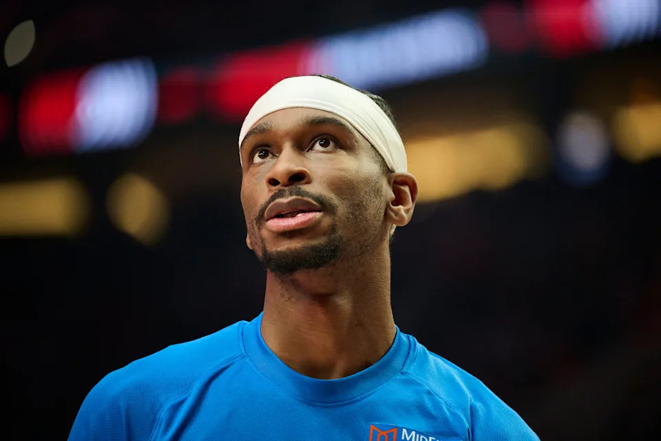 Nov 30, 2025; Portland, Oregon, USA; Oklahoma City Thunder guard Shai Gilgeous-Alexander (2) warm ups before a game against the Portland Trail Blazers at Moda Center. Mandatory Credit: Troy Wayrynen-Imagn Images