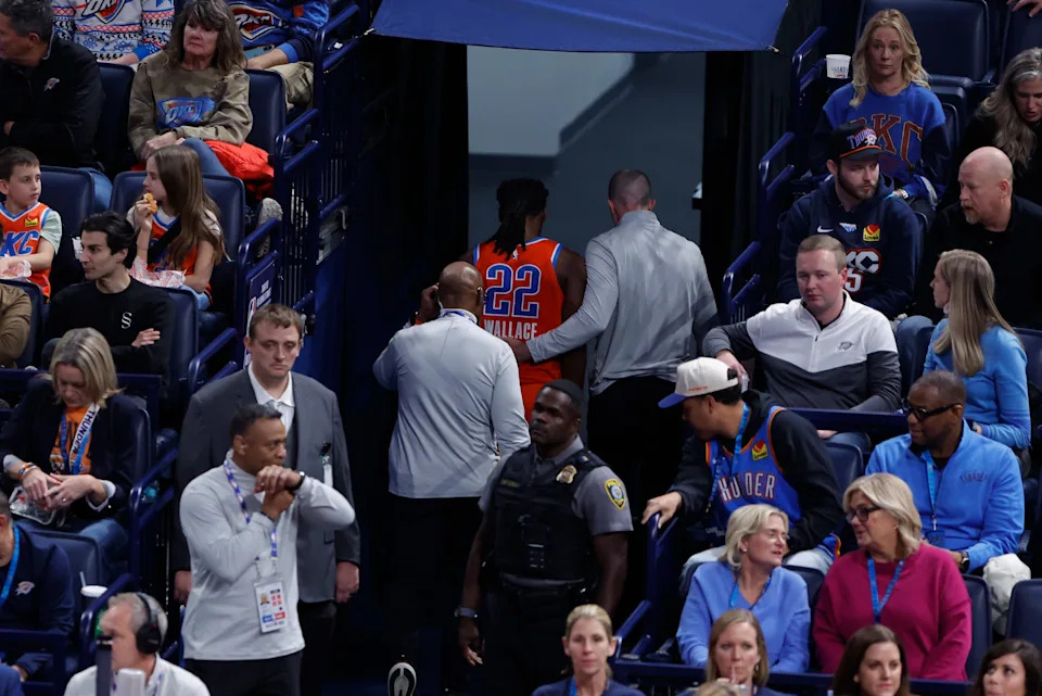 Dec 10, 2025; Oklahoma City, Oklahoma, USA; Oklahoma City Thunder guard Cason Wallace (22) walks off the court after a play against the Phoenix Suns during the third quarter at Paycom Center. Mandatory Credit: Alonzo Adams-Imagn Images