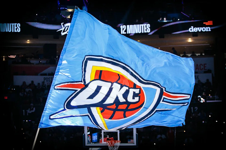 OKLAHOMA CITY, OKLAHOMA - DECEMBER 25: Oklahoma City Thunder flag during a break in play in the second half of the game between the Oklahoma City Thunder and the San Antonio Spurs at Paycom Center on December 25, 2025 in Oklahoma City, Oklahoma. NOTE TO USER: User expressly acknowledges and agrees that, by downloading and or using this photograph, User is consenting to the terms and conditions of the Getty Images License Agreement. (Photo by William Purnell/Getty Images)