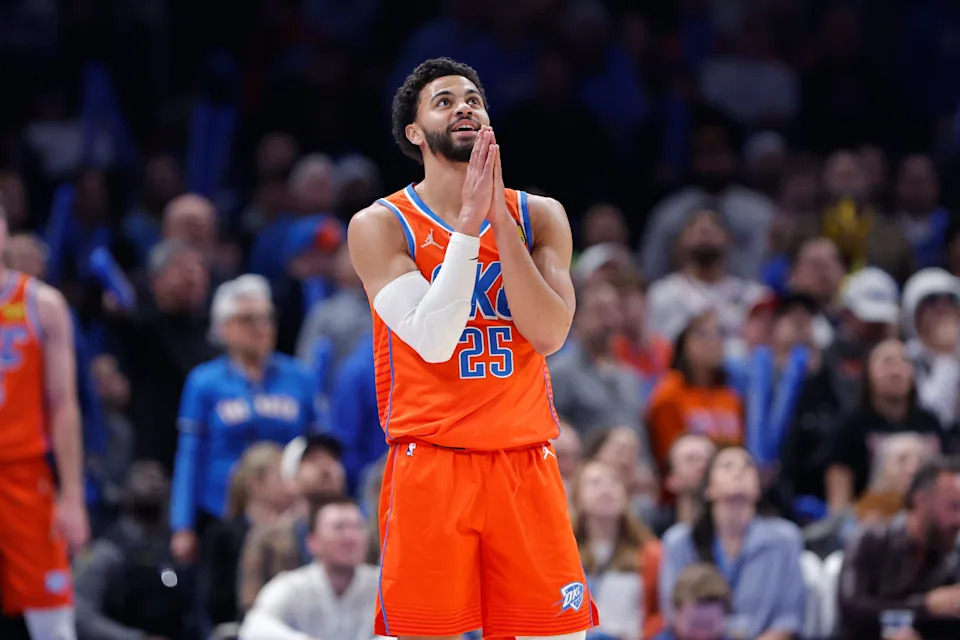 Dec 29, 2025; Oklahoma City, Oklahoma, USA; Oklahoma City Thunder guard Ajay Mitchell (25) looks at the video board after receiving a foul against the Atlanta Hawks during the second half at Paycom Center. Mandatory Credit: Alonzo Adams-Imagn Images