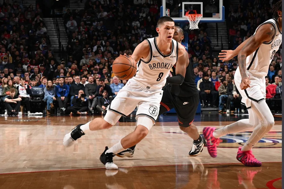 Egor Demin of the Brooklyn Nets dribbles the ball during the game against the Philadelphia 76ers on December, 23, 2025 at the Wells Fargo Center. NBAE via Getty Images