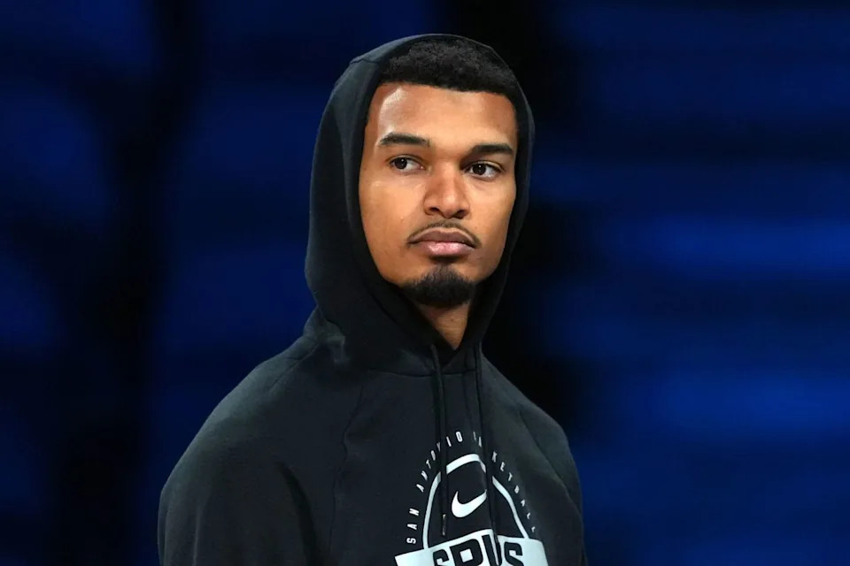 San Antonio Spurs forward Victor Wembanyama (1) during practice prior to the Emirates NBA Cup championship.Kirby Lee-Imagn Images
