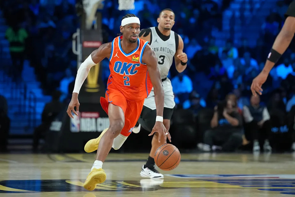 Dec 13, 2025; Las Vegas, Nevada, USA; Oklahoma City Thunder guard Shai Gilgeous-Alexander (2) brings the ball up court against the San Antonio Spurs during the first quarter at T-Mobile Arena. Mandatory Credit: Kirby Lee-Imagn Images