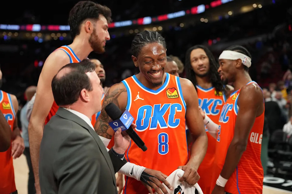PORTLAND, OREGON - NOVEMBER 30: Jalen Williams #8 of the Oklahoma City Thunder talks to the media after the game against the Portland Trail Blazers at Moda Center on November 30, 2025 in Portland, Oregon. NOTE TO USER: User expressly acknowledges and agrees that, by downloading and or using this photograph, User is consenting to the terms and conditions of the Getty Images License Agreement. (Photo by Soobum Im/Getty Images)