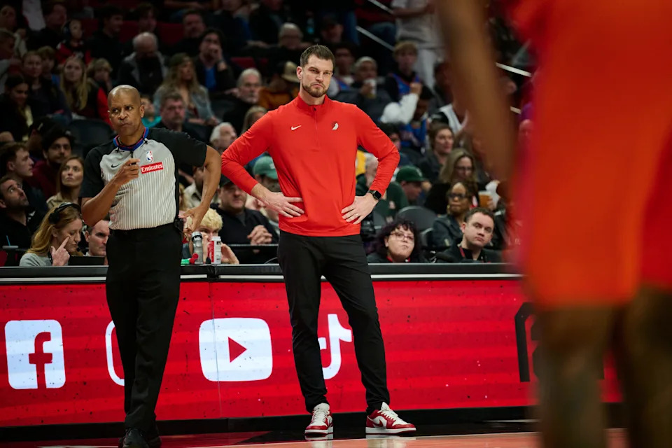 Nov 30, 2025; Portland, Oregon, USA; Portland Trail Blazers interim head coach Tiago Splitter watches from courtside during the second half in a game against the Oklahoma City Thunder at Moda Center. Mandatory Credit: Troy Wayrynen-Imagn Images