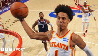 Jalen Johnson of the Atlanta Hawks dunks the ball during the game against the Philadelphia 76ers