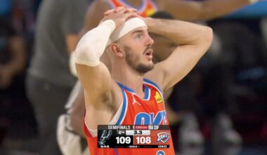 Alex Caruso looking stunned during NBA Cup game between the Thunder and Spurs