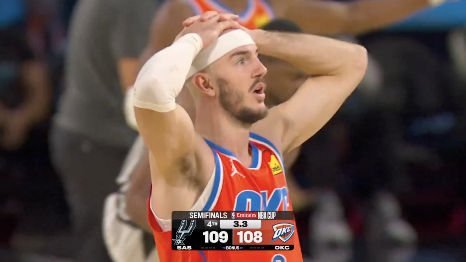 Alex Caruso looking stunned during NBA Cup game between the Thunder and Spurs