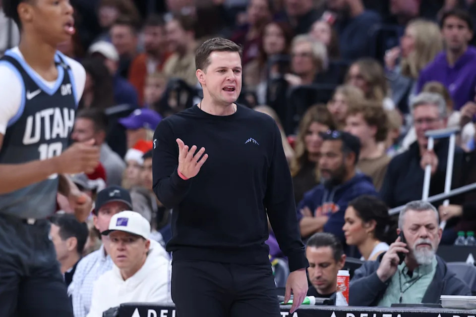 Dec 7, 2025; Salt Lake City, Utah, USA; Utah Jazz head coach Will Hardy reacts after a play against the Oklahoma City Thunder during the second half at Delta Center. Mandatory Credit: Rob Gray-Imagn Images
