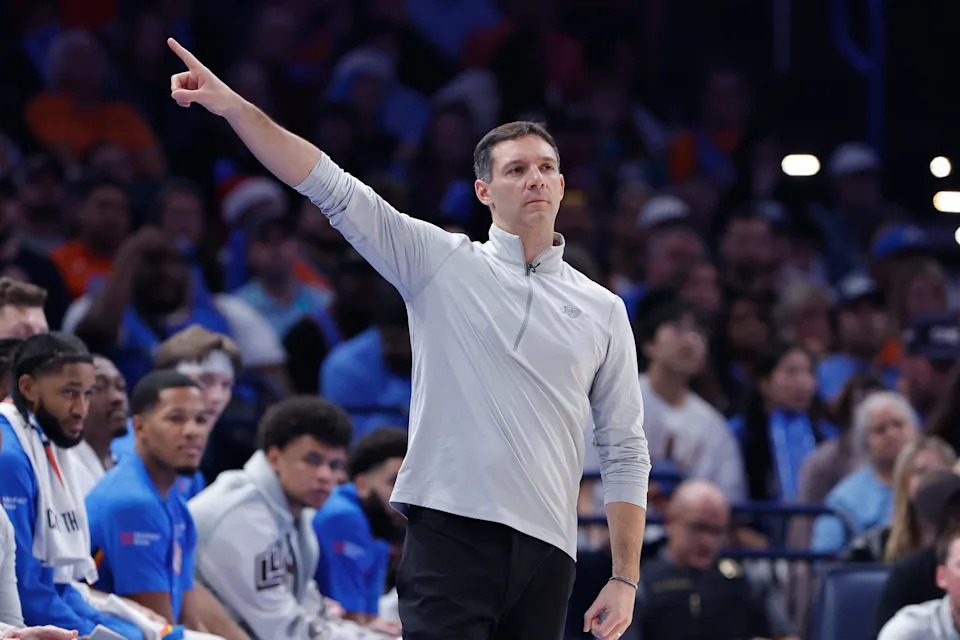 Dec 25, 2025; Oklahoma City, Oklahoma, USA; Oklahoma City Thunder head coach Mark Daigneault gestures to his team as they play against the San Antonio Spurs during the second half at Paycom Center. Mandatory Credit: Alonzo Adams-Imagn Images
