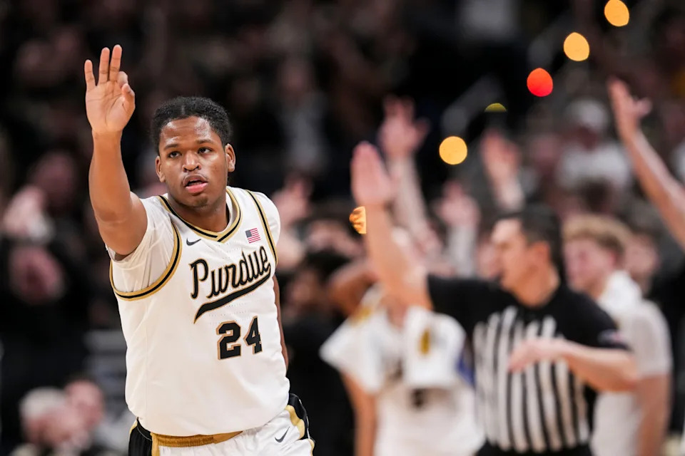Purdue Boilermakers guard Gicarri Harris (24) celebrates a 3-pointer Saturday, Dec. 20, 2025, during a 2025 Indy Classic game between the Purdue Boilermakers and the Auburn Tigers at Gainbridge Fieldhouse in Indianapolis. The Boilermakers defeated the Tigers, 88-60.