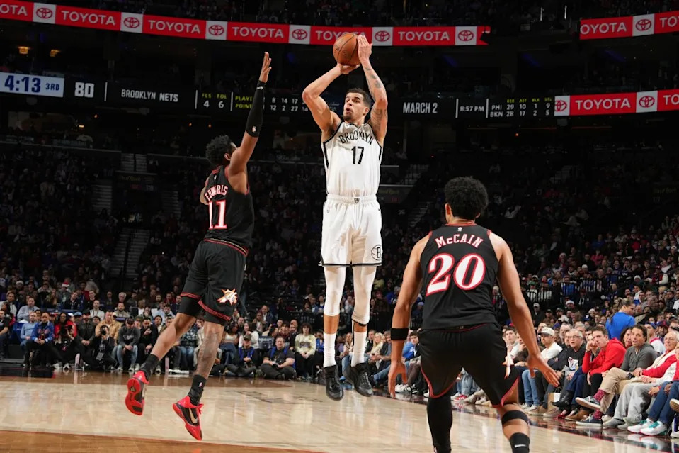 Michael Porter Jr. of the Brooklyn Nets shoots a 3-point basket during the game against the Philadelphia 76ers on December, 23, 2025 at the Wells Fargo Center. NBAE via Getty Images
