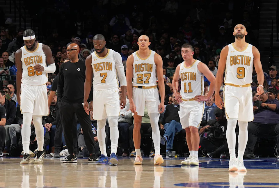 PHILADELPHIA, PA – NOVEMBER 11: Neemias Queta #88, Jaylen Brown #7, Jordan Walsh #27, Payton Pritchard #11 and Derrick White #9 of the Boston Celtics look on during the game against the Philadelphia 76ers on November 11, 2025 at the Wells Fargo Center in Philadelphia, Pennsylvania NOTE TO USER: User expressly acknowledges and agrees that, by downloading and/or using this Photograph, user is consenting to the terms and conditions of the Getty Images License Agreement. Mandatory Copyright Notice: Copyright 2025 NBAE (Photo by Jesse D. Garrabrant/NBAE via Getty Images)