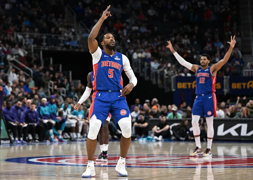 Detroit Pistons guard Malik Beasley celebrates after making a three-point shot against the Charlotte Hornets in the first quarter at Little Caesars Arena in Detroit on Sunday, Feb. 9, 2025.