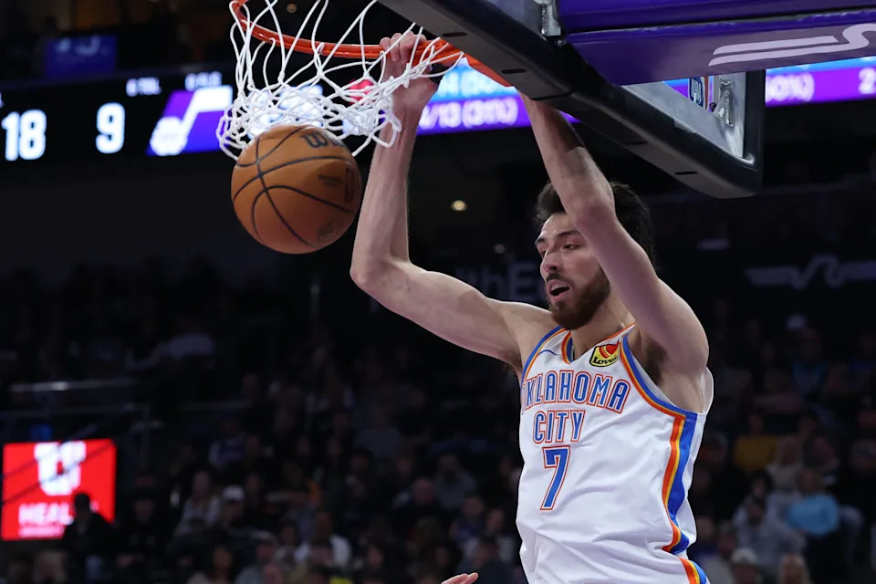 Dec 7, 2025; Salt Lake City, Utah, USA; Oklahoma City Thunder center Chet Holmgren (7) dunks against the Utah Jazz during the first half at Delta Center. Mandatory Credit: Rob Gray-Imagn Images