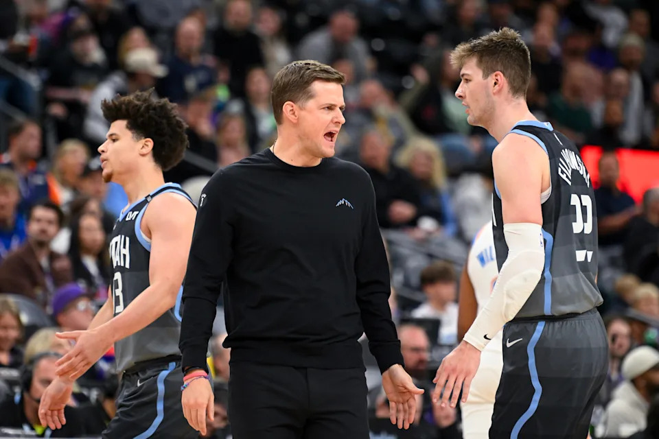 SALT LAKE CITY, UTAH - DECEMBER 07: Head coach Will Hardy of the Utah Jazz yells to his team during the first half of a game against the Oklahoma City Thunder at Delta Center on December 07, 2025 in Salt Lake City, Utah. NOTE TO USER: User expressly acknowledges and agrees that, by downloading and or using this photograph, User is consenting to the terms and conditions of the Getty Images License Agreement. (Photo by Alex Goodlett/Getty Images)