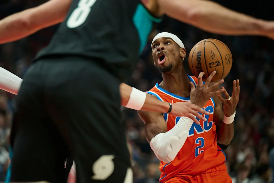 Nov 30, 2025; Portland, Oregon, USA; Oklahoma City Thunder guard Shai Gilgeous-Alexander (2) loses control of the ball during the first half against the Portland Trail Blazers at Moda Center. Mandatory Credit: Troy Wayrynen-Imagn Images