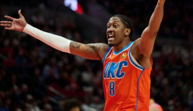 Oklahoma City Thunder guard Jalen Williams (8) calls for a delay of game.