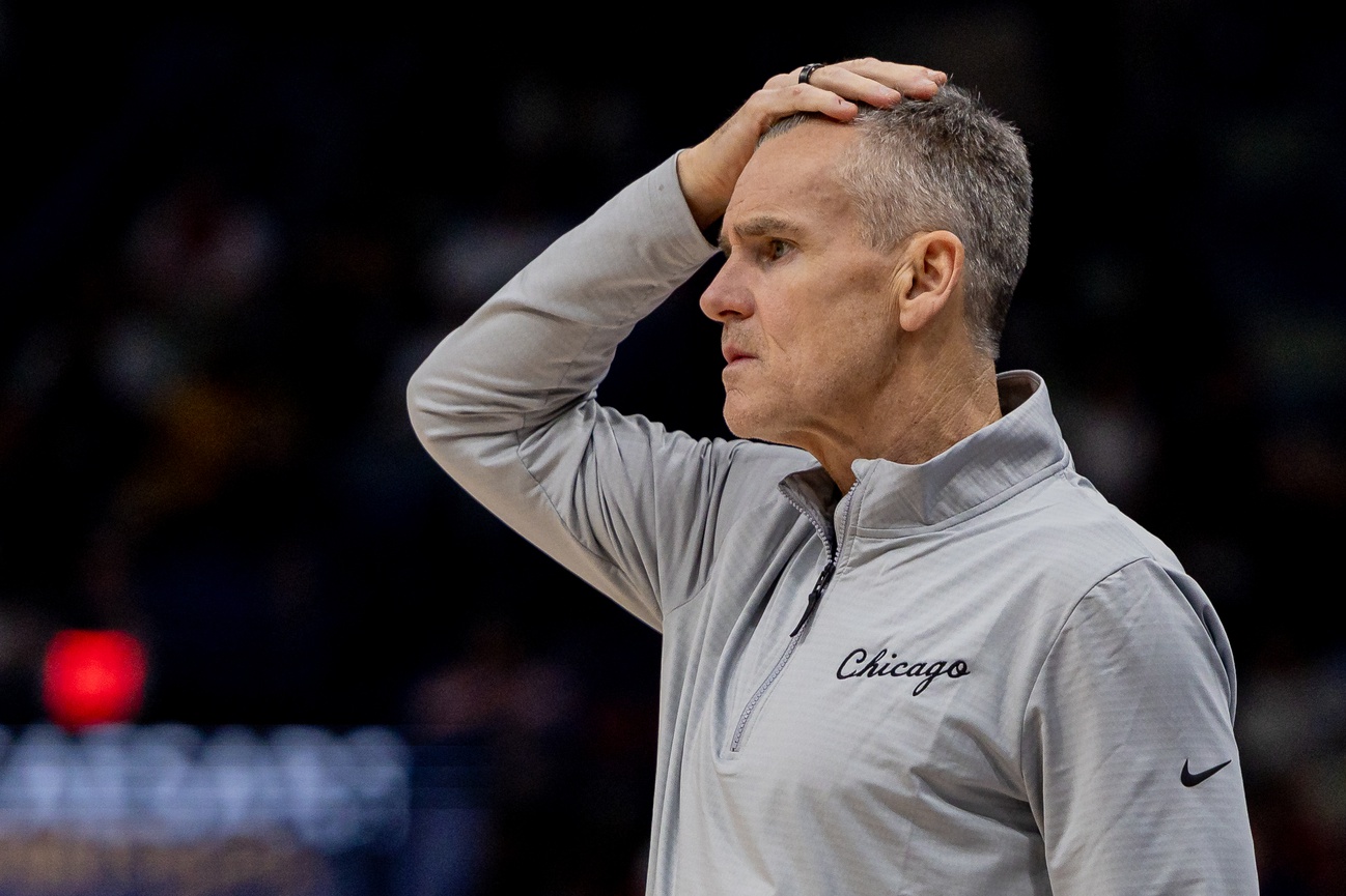 Nov 24, 2025; New Orleans, Louisiana, USA; Chicago Bulls Head Coach Billy Donovan looks on against the New Orleans Pelicans during the second half at Smoothie King Center. Mandatory Credit: Stephen Lew-Imagn Images