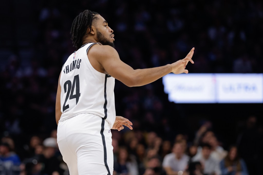 Cam Thomas celebrates after making a 3-pointer during the Nets-Timberwolves game on Dec. 27, 2025.