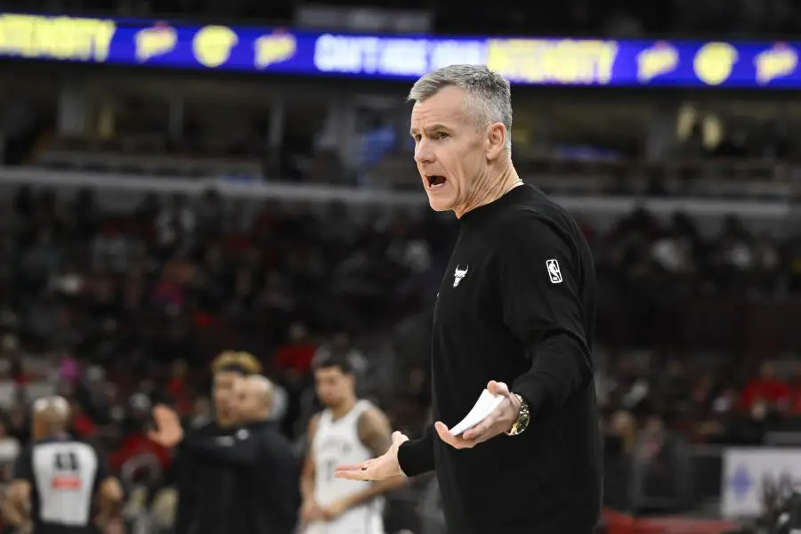 Dec 3, 2025; Chicago, Illinois, USA; Chicago Bulls head coach Billy Donovan directs the team during the first half against the Brooklyn Nets at the United Center. Mandatory Credit: Matt Marton-Imagn Images