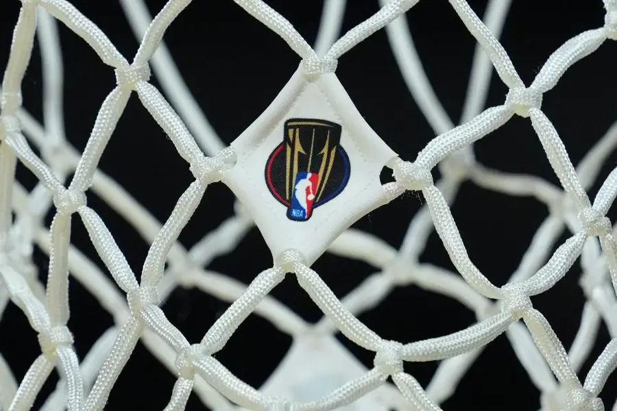 Dec 15, 2025; Las Vegas, NV, USA; The Emirates NBA Cup logo on the net at the T-Mobile Arena. Mandatory Credit: Kirby Lee-Imagn Images